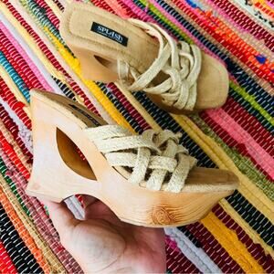 Y2K 2000s Splash Chunky Wood Platform Heel Hemp Strappy Sandals